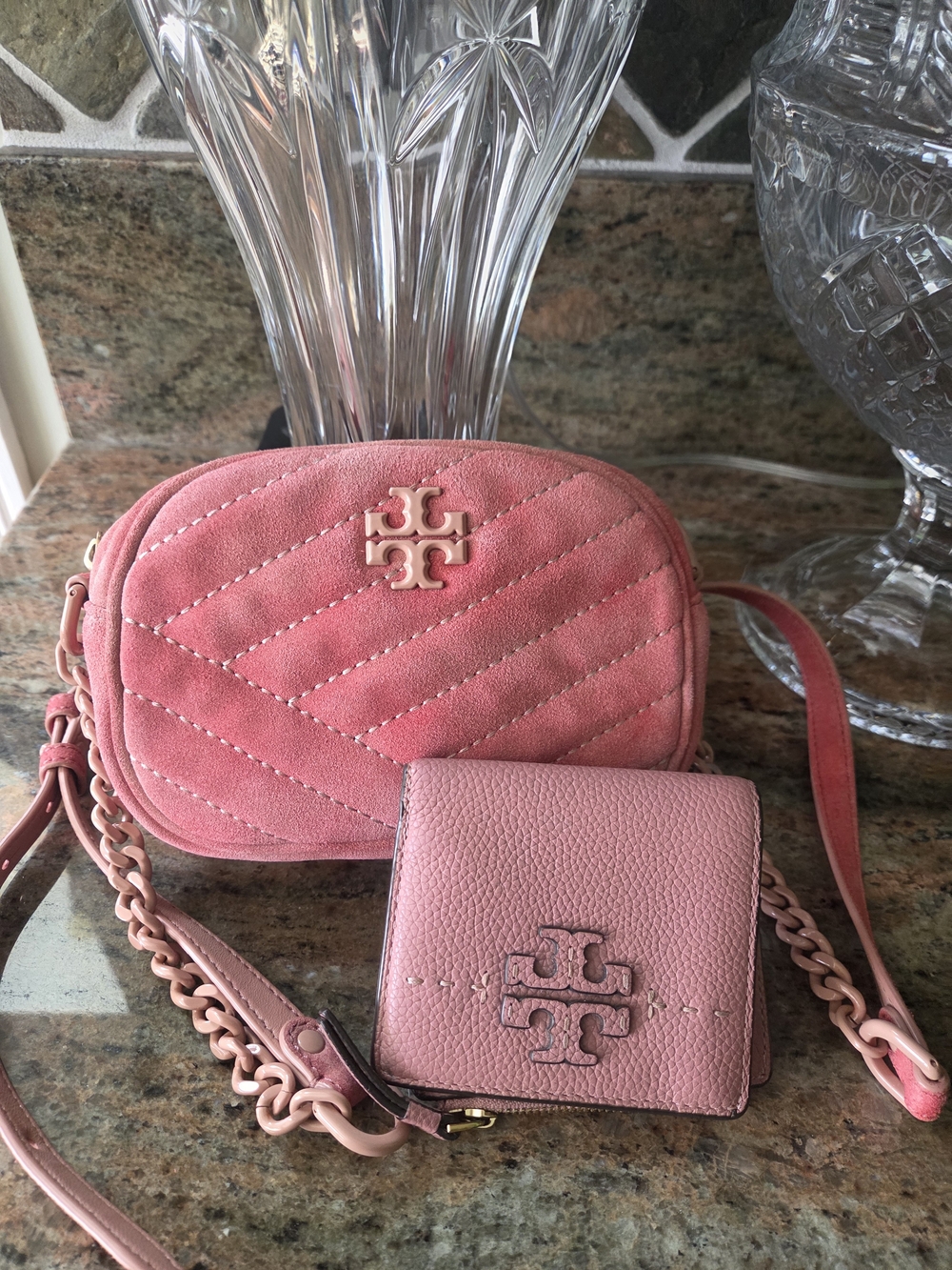 Tory Burch Rose Pink Suede Quilted Crossbody with Matching Wallet